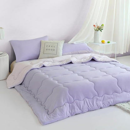 COTTEBED Reversible Softness Pink Purple Twin Comforters Sets for Girl Kids College Dorm, Cute Jersey Knit Lightweight Breathable Fluffy Cozy Comfy Bed Down Comforter Quilt for All Season Twin/Twin XL