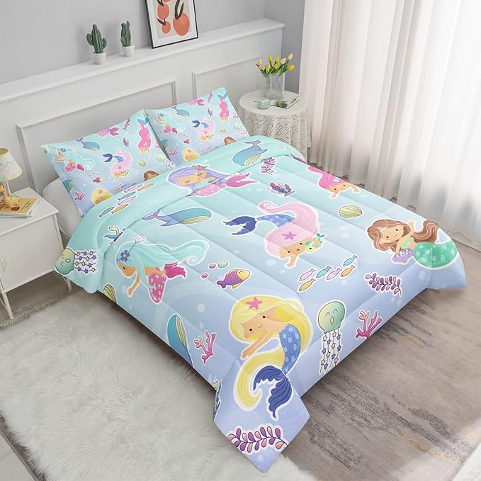 Datura home Girls Mermaid Comforter Set for Girls Women,Kawaii Mermaid Girls Play with Fish Printed Pattern Blue Kawaii Bedding Set with 2 Pillowcases(Girls Full)