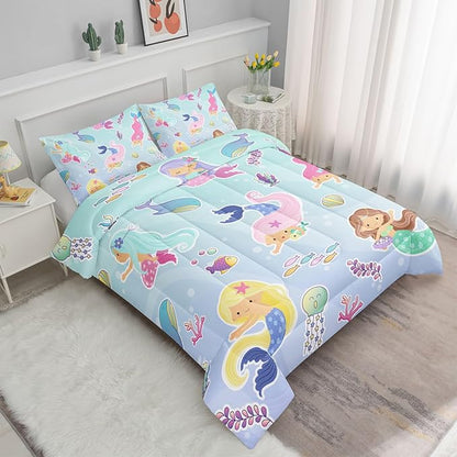 Datura home Girls Mermaid Comforter Set for Girls Women,Kawaii Mermaid Girls Play with Fish Printed Pattern Blue Kawaii Bedding Set with 2 Pillowcases(Girls Full)