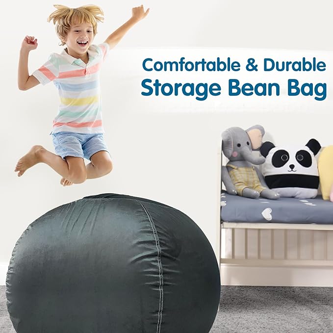 Lukeight Stuffed Animal Storage Bean Bag Chair Cover for Kids, Zipper Beanbag Chair Cover for Organizing Toddler & Kids' Rooms Plush Toys (Dark Gray Velvet, XX-Large)
