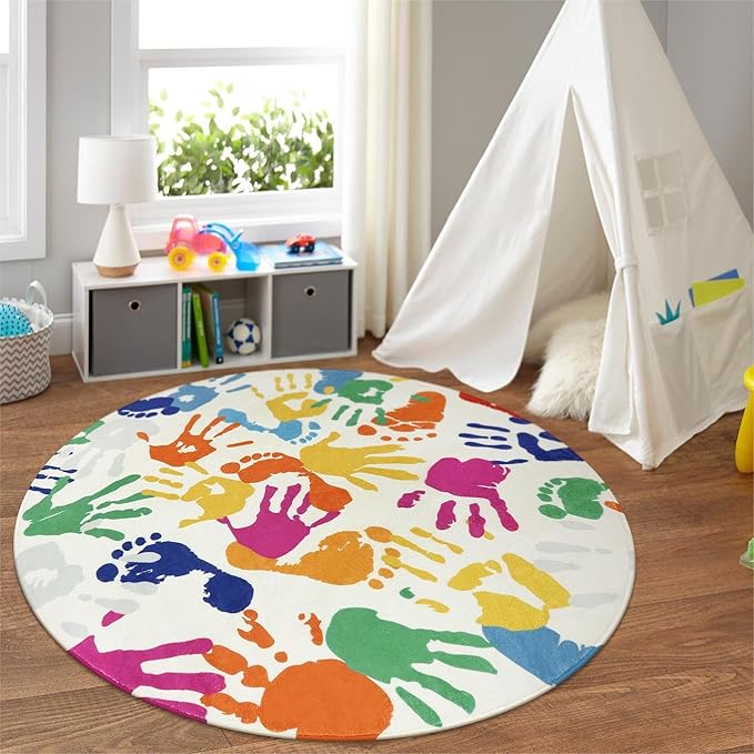 Colorful Round Rug for Kids Bedroom, 4'x4' Handprints and Footprints Circle Rug for Playroom, Rainbow Washable Rug for Nursery, Small Circular Carpet for Classroom Dorm Daycare