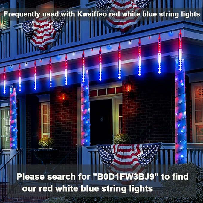 Kwaiffeo 4th of July Decorations Outdoor, Red White Blue Meteor Shower Lights for Independence National Memorial Day, Patriotic Flag Lights for 2024 American President Election Campaign, 8 Tubes