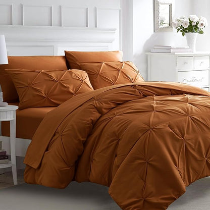 Ubauba 7pc Burnt Orange Comforter Set Full Size, 7 Pieces Pintuck Bed in a Bag Rust Bed Set with Comforter and Sheets, Bedding Comforters & Sets (Rustic, Full)