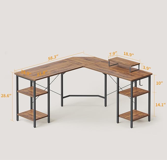 BANTI L Shaped Desk with Shleves, 58 inch Large Corner Desk with Two Storage, Space Saving, Easy to Assemble, Brown