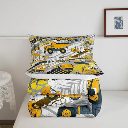 Boys Construction Comforter Set Truck Bedroom Decor for Kids Girls Under Construction Vehicles Down Comforter Nursery Children Cartoon Machinery Truck Excavator Bedding Tractor Cars Duvet Quilt, King