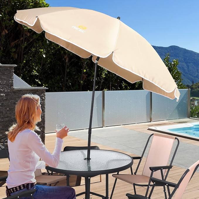 Nice C Outdoor Dining Sets, Patio Furniture Set, 8 Piece Set with Umbrella, Garden Outdoor Furniture Table Set with Tilted Removable Umbrella, Glass Table, and 6 Folding Chairs (Beige-6 Piece)