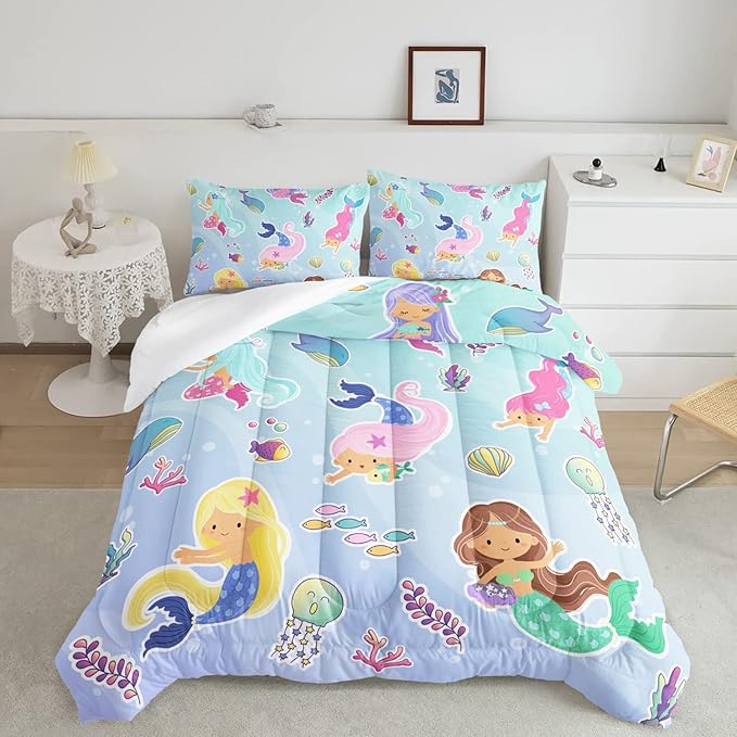 Datura home Girls Mermaid Comforter Set for Girls Women,Kawaii Mermaid Girls Play with Fish Printed Pattern Blue Kawaii Bedding Set with 2 Pillowcases(Girls Full)