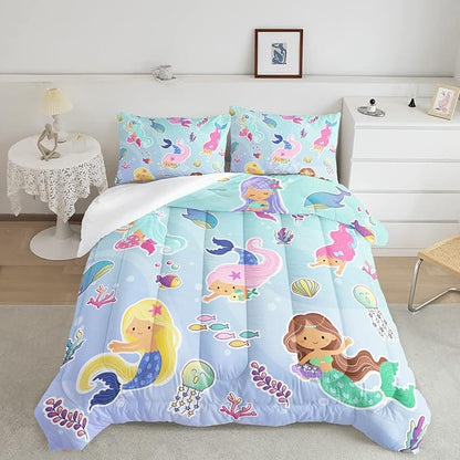 Datura home Mermaid Comforter Set, Kawaii Girls Blue Bedding with 2 Pillowcases, Queen 90x90inches