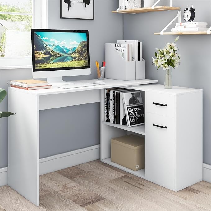 L-Shaped Rotating Computer Desk 68 inch with Storage Shelves Home Office Corner Desk with Drawers and File Cabinet Multipurpose Study Writing Table for Bedroom Small Space White
