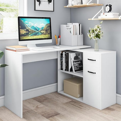L-Shaped Rotating Computer Desk 68 inch with Storage Shelves Home Office Corner Desk with Drawers and File Cabinet Multipurpose Study Writing Table for Bedroom Small Space White