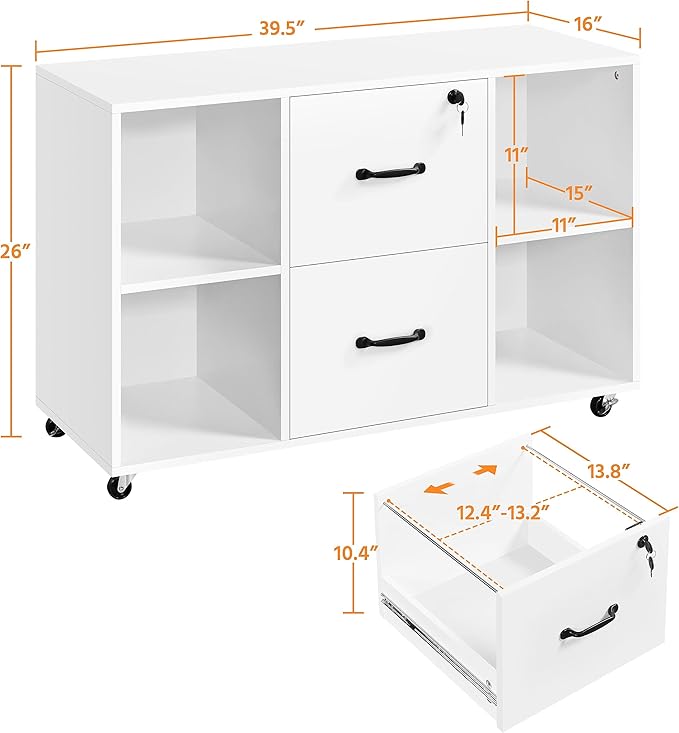 Yaheetech White File Cabinet Mobile Letter Size File Cabinet with 2 Drawers and 4 Open Storage Shelves Large Mobile Lateral Filing Cabinet Printer Stand for Home and Office