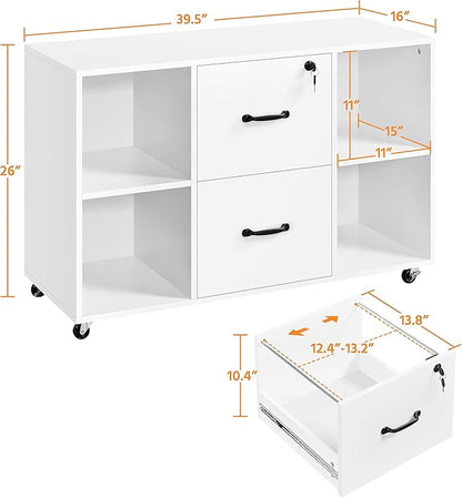 Yaheetech White File Cabinet Mobile Letter Size File Cabinet with 2 Drawers and 4 Open Storage Shelves Large Mobile Lateral Filing Cabinet Printer Stand for Home and Office