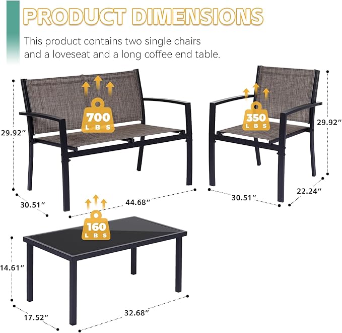 4 Pieces Patio Furniture Set Outdoor Garden Patio Conversation Sets Poolside Lawn Chairs with Tempered Glass Coffee Table Loveseat Porch Furniture Textilene Fabric Brown