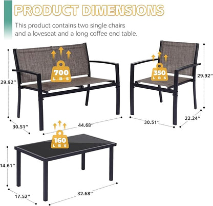 4 Pieces Patio Furniture Set Outdoor Garden Patio Conversation Sets Poolside Lawn Chairs with Tempered Glass Coffee Table Loveseat Porch Furniture Textilene Fabric Brown