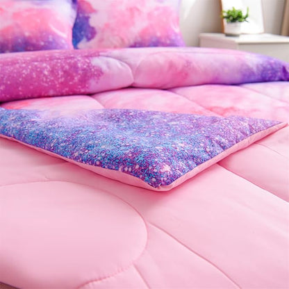 A Nice Night Galaxy Bedding Sets Outer Space Comforter 3D Printed Space Quilt Set Full Size Glitter Pink Color,for Children Boy Girl Teen Kids
