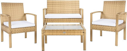 SAFAVIEH Outdoor Collection Bassey Natural/White Cushion 4-Piece Conversation Patio Set PAT7507D