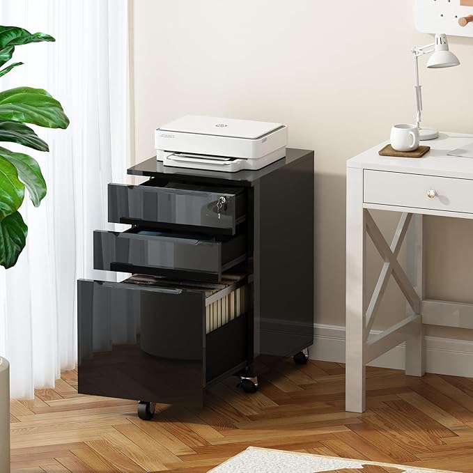 ChooChoo High Glossy File Cabinet with Lock,3 Drawer Rolling Filing Cabinet Fits Legal Size/A4/Letter, Under Desk File Cabinet with Hook for Home Office, Black
