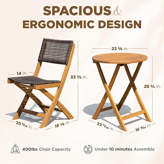 Wood Wicker Design Heavy Duty 400lbs Capacity Premium Patio Bistro Set 3 Piece Outdoor, Onesize