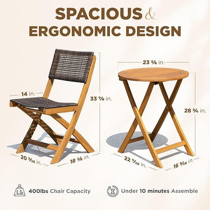Wood Wicker Design Heavy Duty 400lbs Capacity Premium Patio Bistro Set 3 Piece Outdoor, Onesize