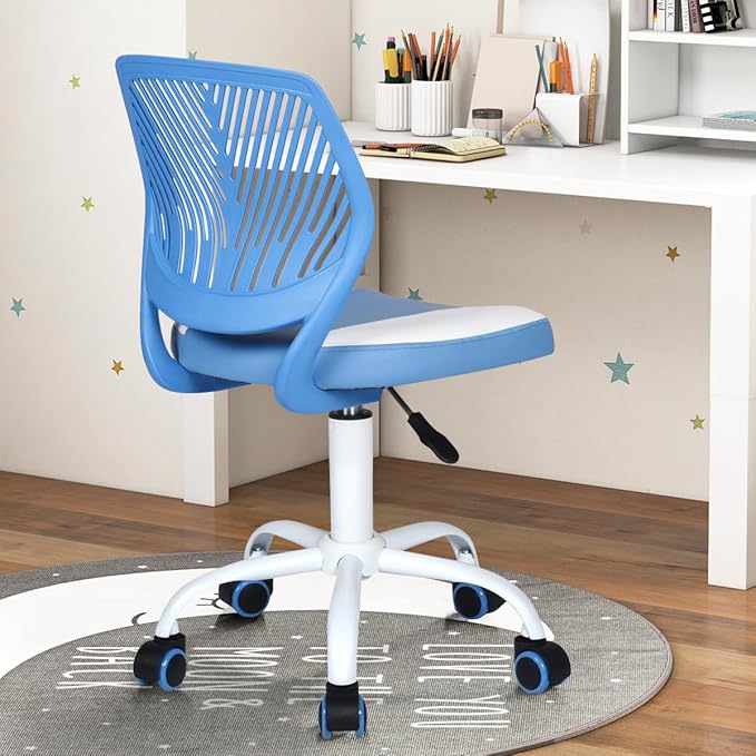FurnitureR Desk Chair Small Study Chairs Armless for Child Kids Teens, Swivel Rolling Lightweight Task Chair with Wheels and Pu Leather Padded Cushion, Blue/White