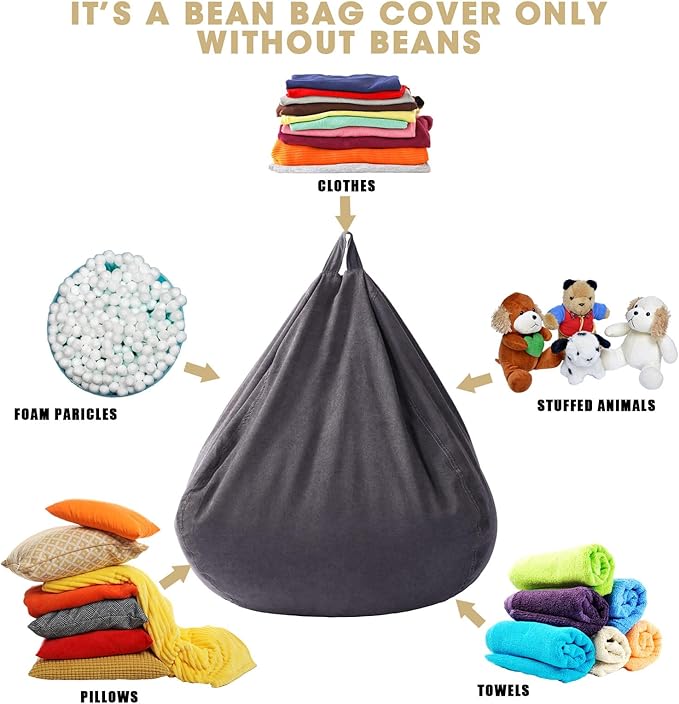 2 Pcs Bean Bag Cover Stuffed Animal Storage Bean Bag Chair Cover Soft Corduroy Stuffed Animal Bean Bag Storage for Kids Adults Indoor Bedroom Organizing Plush Toys(Dark Grey, 200L)