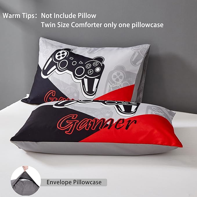 Gaming Comforter Sets for Kids Teen Boys,Video Games Controller Pattern Bedding Set for Room Decor, Twin Size 2-Piece Reddish Black Gamer Comforter with Pillowcase,All Season(Red,Twin)