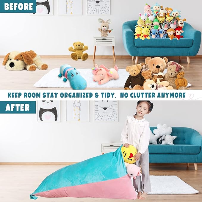 Stuffed Animal Storage Bean Bag Chair Cover, Velvet Pink Lake Blue Plush Toy Storage Stuff and Sit Seat for Kids/Teens/Adults, 52" x 31" Extra Large Triangle Floor Sofa, 200L/52Gal, Cover Only