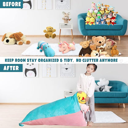 Stuffed Animal Storage Bean Bag Chair Cover, Velvet Pink Lake Blue Plush Toy Storage Stuff and Sit Seat for Kids/Teens/Adults, 52" x 31" Extra Large Triangle Floor Sofa, 200L/52Gal, Cover Only