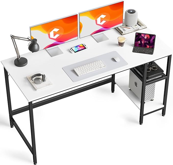 CubiCubi Computer Home Office Desk, 63 Inch Desk Study Writing Table with Storage Shelves, Modern Simple PC Desk with Splice Board,White Finish