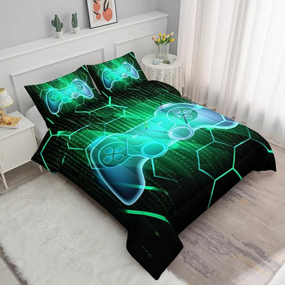 Axolotl Gamepad Comforter Set Full Size,Number Video Gaming Gamer Bedding Set,Boys Game Console Comforter Set,Geometry Hexagonal Bedding Set for Teens Men Adults,1 Quilt 2 Pillowcases,Green Black