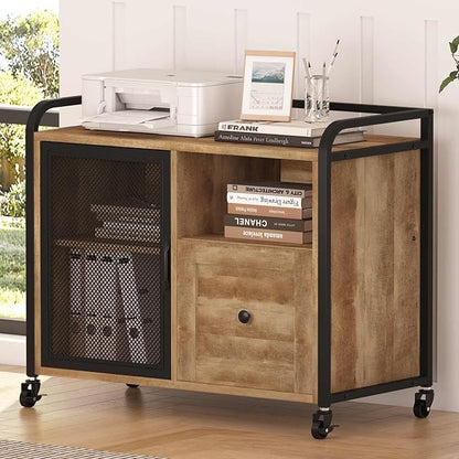 BON AUGURE Filing Cabinet for Home Office, Lateral File Cabinet with Drawer for Letter/ A4 Size, Mobile Printer Stand with Open Storage (Vintage Oak)