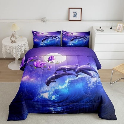 Galaxy Dolphin Bedding Set King Coastal Ocean Waves Comforter Set Night Star Moon Cherry Blossoms Comforter for Kids Girls Teens Sea Animal Starry Sky Quilt Duvet Purple Blue Marine Room Decor 3 Pcs