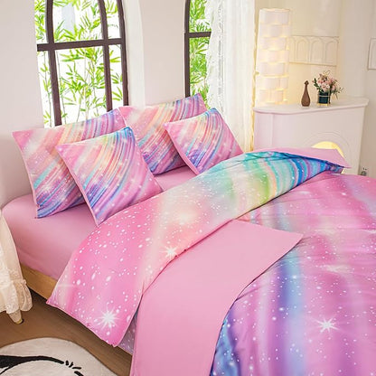 Full Size Bedding Sets Kids Bedding Sets for Girls,Galaxy Bedding 7pieces Glitter Pink Comforter, Colorful Comforter Full Size Comforter Sets for Teen Girls