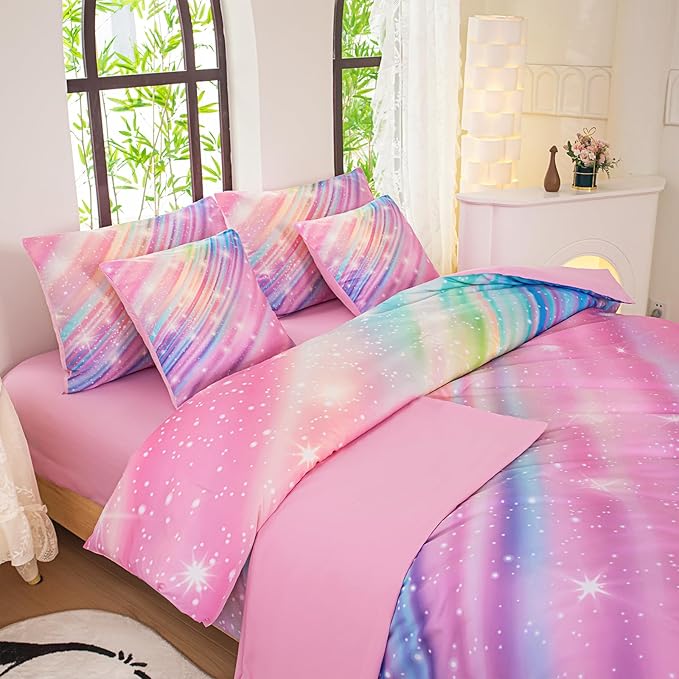 Twin Comforter Set for Girls Galaxy Bedding 7pieces, Ombre Bedding Comforter Sets Rainbow Comforter Glitter Bedding Twin Teen Comforter Sets for Girls