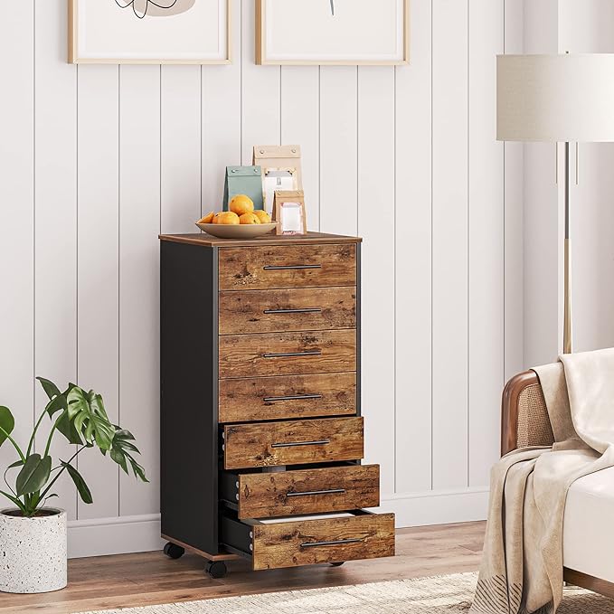 HOOBRO 7-Drawer Chest, File Cabinet, Wooden File Cabinet, Office Cabinet with Drawers, Storage Cabinet, for Home Office, Study, Easy Assembly, Rustic Brown and Black BF07WJ01