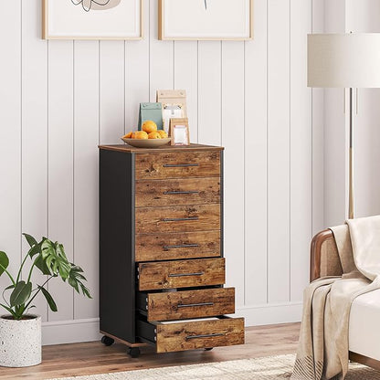 HOOBRO 7-Drawer Chest, File Cabinet, Wooden File Cabinet, Office Cabinet with Drawers, Storage Cabinet, for Home Office, Study, Easy Assembly, Rustic Brown and Black BF07WJ01