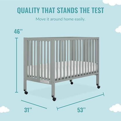 Quinn Full-Size Folding Crib in Cool Grey, Removeable Wheels, Modern Nursey, Adjustable Mattress Support, Portable Crib, Patented Folding System