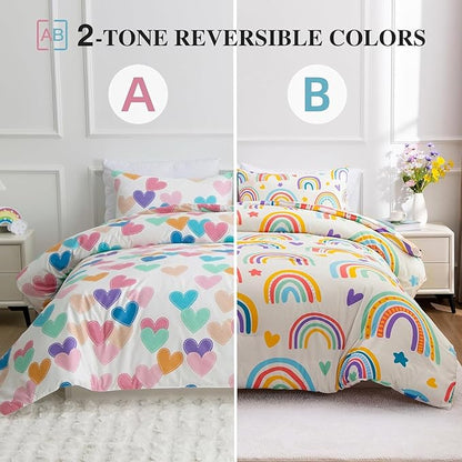 Btargot 3 Piece Kids Rainbow Comforter Set with 2 Pillow Covers, Cartoon Love Hearts Suns and Stars Bedding Set for Girls Boys Kids, Twin Beige