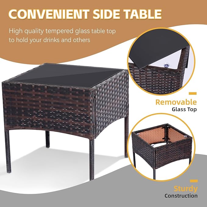 Patio Furniture Set 3 Pieces All-Weather Rattan Outdoor Furniture Patio Chairs with Tempered Glass Table for Porch Bistro Balcony Bistro Set(Black/Grey-3)