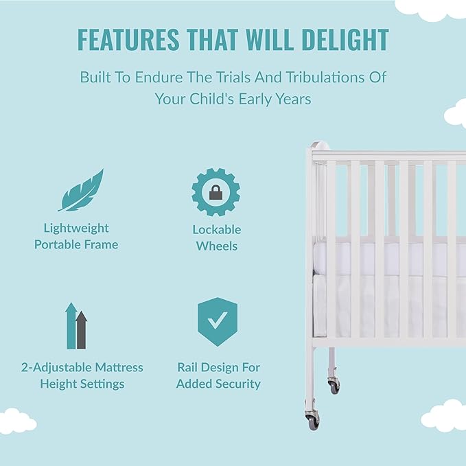 Folding Full Size Convenience Crib In White, Two Adjustable Mattress Height Positions, Comes With Heavy Duty Locking Wheels, Flat Folding Crib