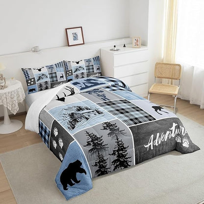 Manfei Deer Antler Comforter Set Twin Size,Bear Paws Rustic Farmhouse Xmas Bedding Set for Kids Boys Girls Adults Room Decor,Plaids Patchwork Adventure Down Comforter,Blue Duvet Insert,1 Pillowcase