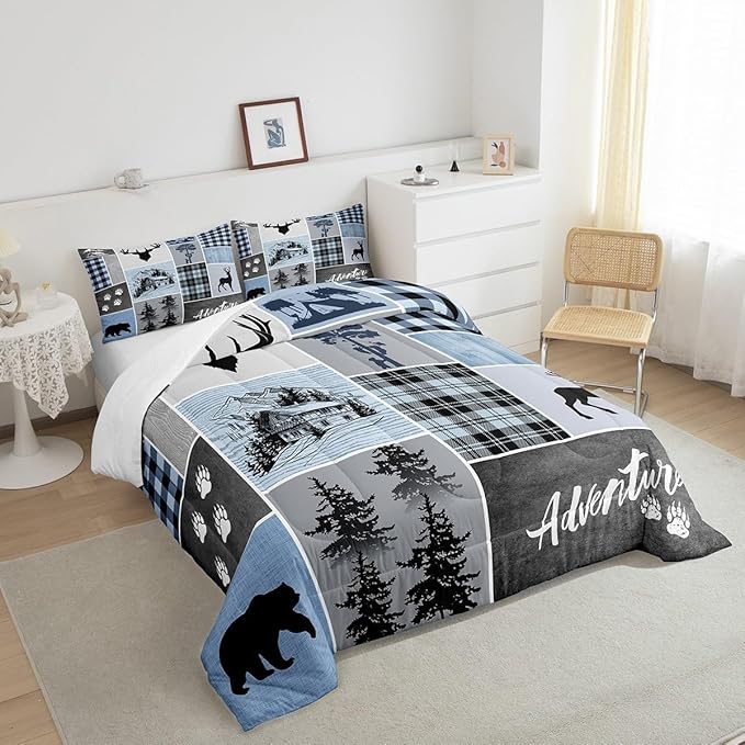 Manfei Deer Antler Comforter Set King Size,Bear Paws Rustic Farmhouse Xmas Bedding Set for Kids Boys Girls Adults Room Decor,Plaids Patchwork Adventure Down Comforter,Blue Duvet Insert,2 Pillowcases