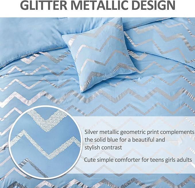 Blue/Silver Comforter Set Queen, Metallic Print Glitter Bedding Set Cute Shinny Bed Sets for Teen Girls Kids Women, 4 Piece (2 Pillowcases, 1 Decorative Pillow Sham)