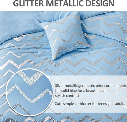 Blue/Silver Comforter Set Queen, Metallic Print Glitter Bedding Set Cute Shinny Bed Sets for Teen Girls Kids Women, 4 Piece (2 Pillowcases, 1 Decorative Pillow Sham)