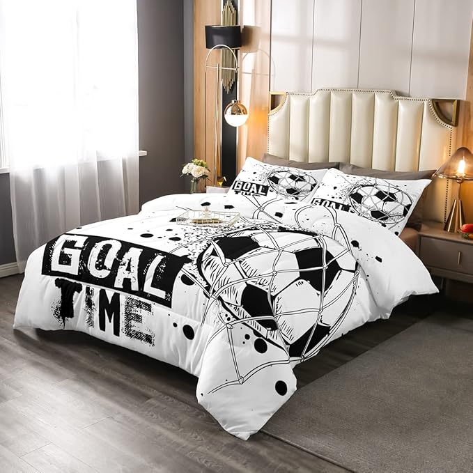 Erosebridal Kids Football Comforter Set Queen Size American Soccer Bedding Set Sports Games Duvet Sets for Boys Girls Children Teens Geometric Polygon Down Comforter for Bedroom, Black White