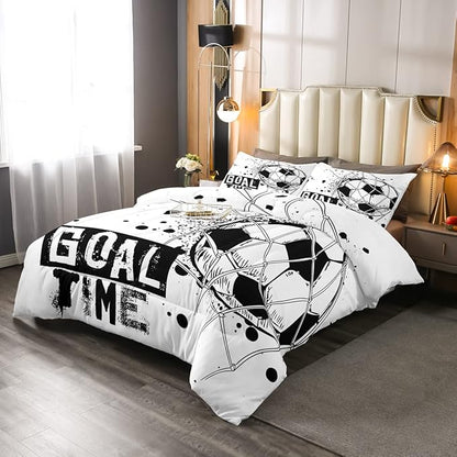 Erosebridal Kids Football Comforter Set Queen Size American Soccer Bedding Set Sports Games Duvet Sets for Boys Girls Children Teens Geometric Polygon Down Comforter for Bedroom, Black White