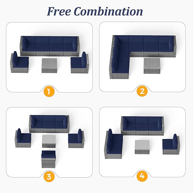 SUNVIVI OUTDOOR 7 Piece Patio Furniture Sets All Weather Grey PE Wicker Couch Sofa with Glass Table, Removable Navy Blue Cushions