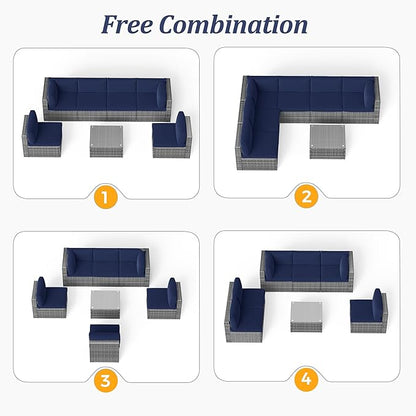 SUNVIVI OUTDOOR 7 Piece Patio Furniture Sets All Weather Grey PE Wicker Couch Sofa with Glass Table, Removable Navy Blue Cushions