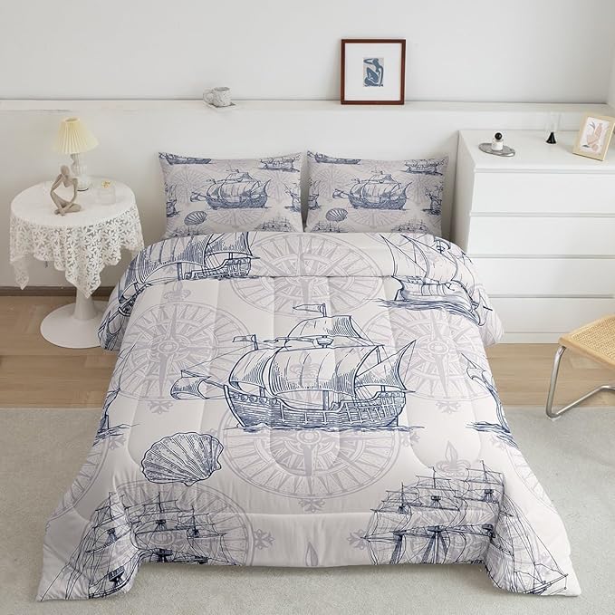 Nautical Comforter Set Sailboat Down Comforter Queen,Blue White Vintage Style Quilted Duvet Set Luxury Anchor Crab Pattern Bedding Insert Set for Kids, Adult Teen Boys Girls Bedroom Ocean Beach Decor