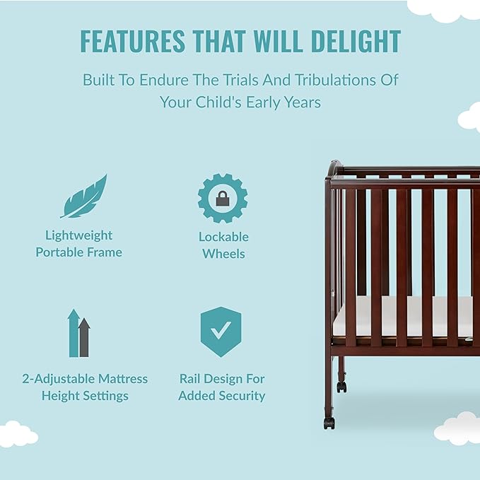 Dream On Me 2 in 1 Portable Folding Stationary Side Crib in Espresso, Greenguard Gold Certified 40x26x38 Inch (Pack of 1)